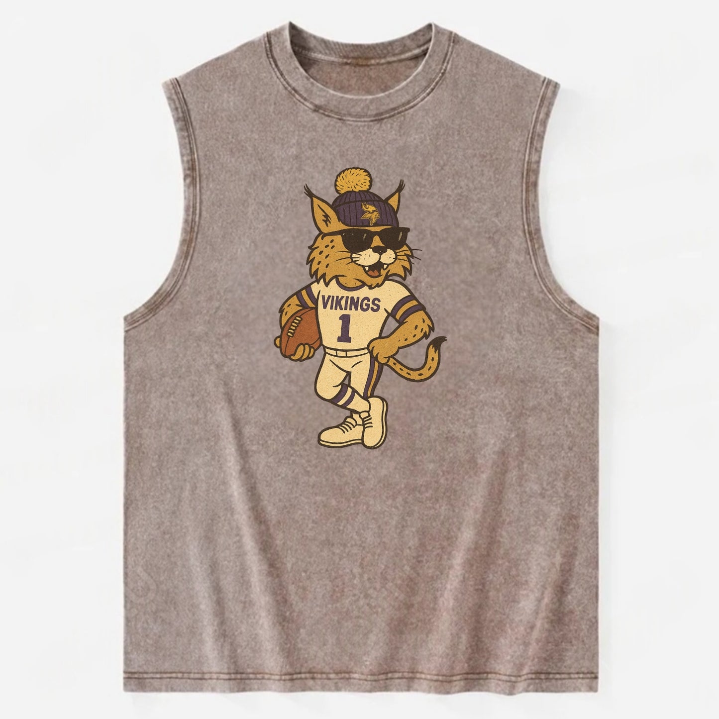 Minneapolis Lynx wearing Vikings beanie with Norse patch and wayfarer - Vintage Washed Tank - Brown