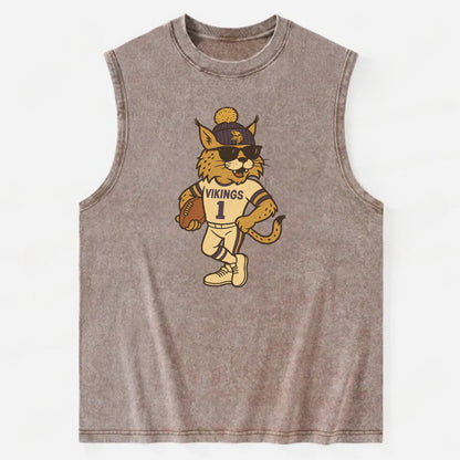 Minneapolis Lynx wearing Vikings beanie with Norse patch and wayfarer - Vintage Washed Tank - Brown