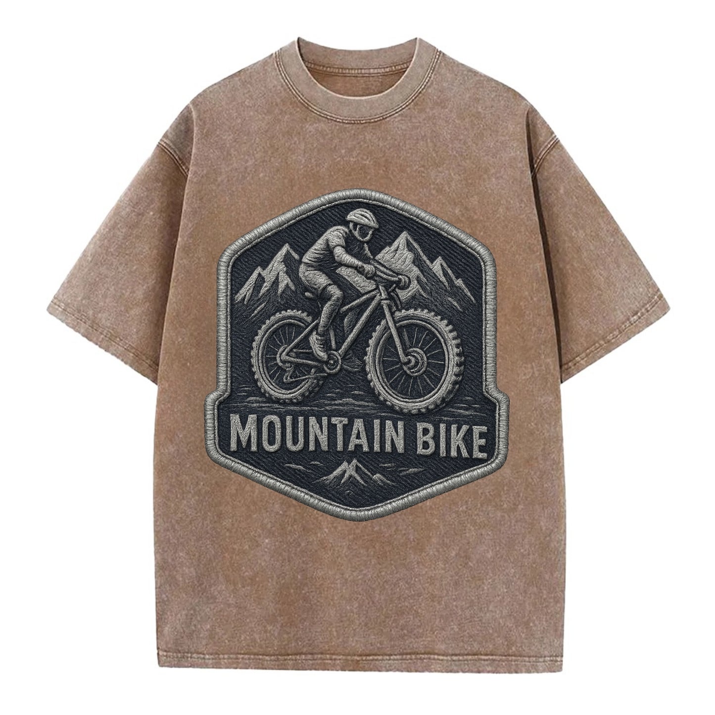 Mountain bike with rugged tires - cyclist badge - Vintage T-shirt - Brown