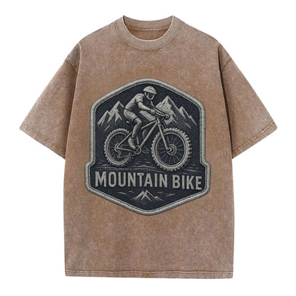 Mountain bike with rugged tires - cyclist badge - Vintage T-shirt - Brown
