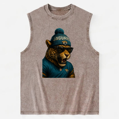 Jacksonville Jaguar wearing Jaguars teal and gold beanie with pom pom and - Vintage Washed Tank - Brown