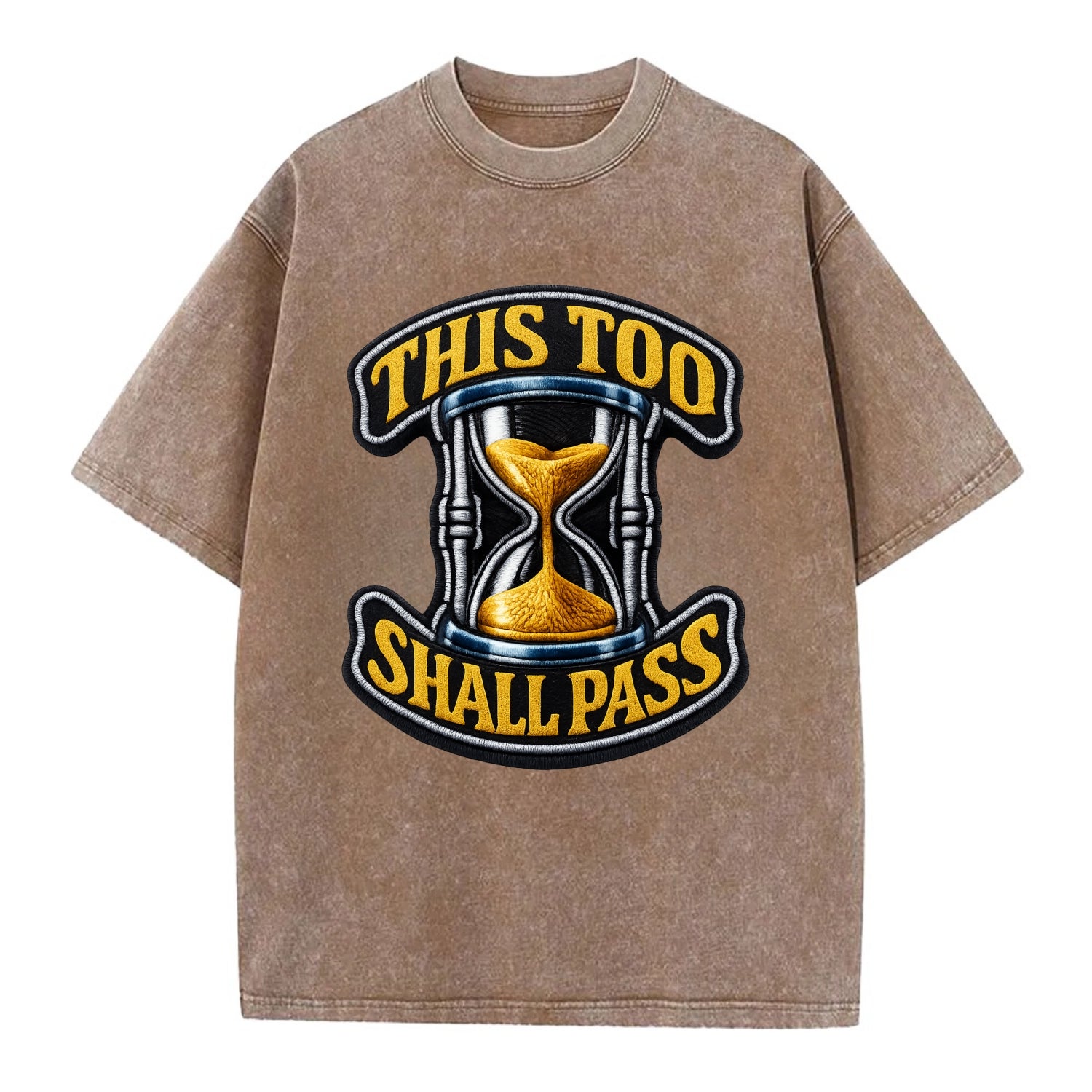 THIS TOO SHALL PASS - hourglass with text in gold , perspective - Vintage T-shirt - Brown