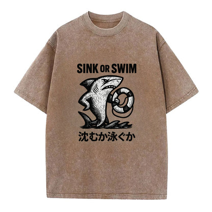 Sink or Swim - Shark holding a life pres Vintage T-shirt - Brown