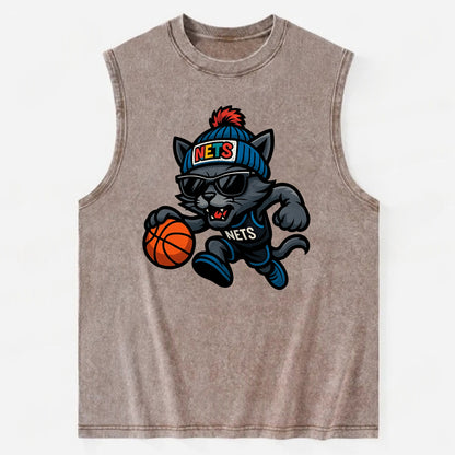 Brooklyn Cat wearing Nets beanie with street art patch and wayfarer sunglasses - Vintage Washed Tank - Brown