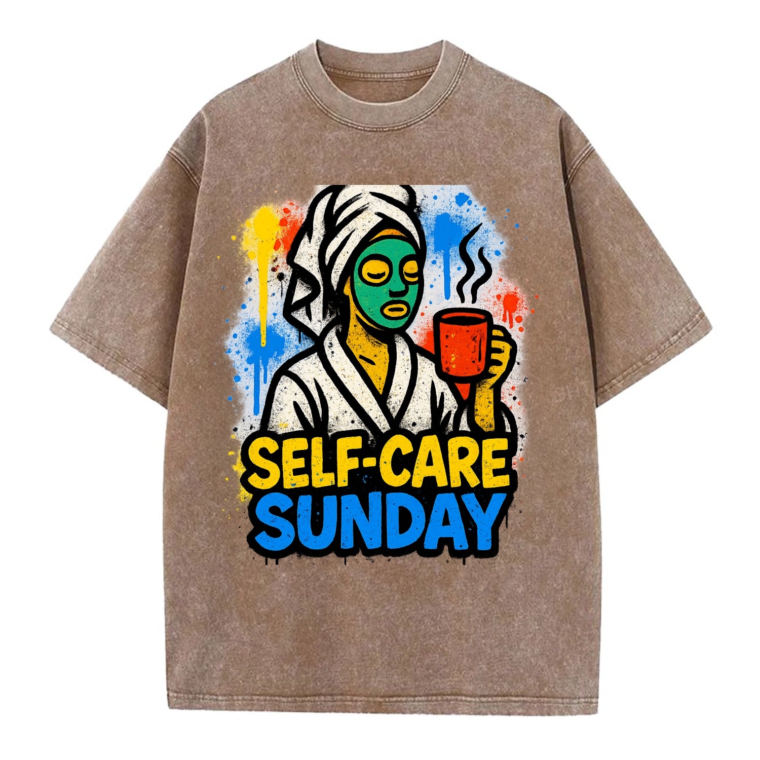 Person in bathrobe with face mask and tea - self-care Sunday ritual, wellness - Vintage T-shirt - Brown