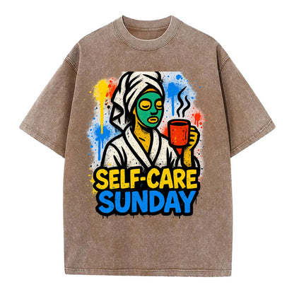 Person in bathrobe with face mask and tea - self-care Sunday ritual, wellness - Vintage T-shirt - Brown