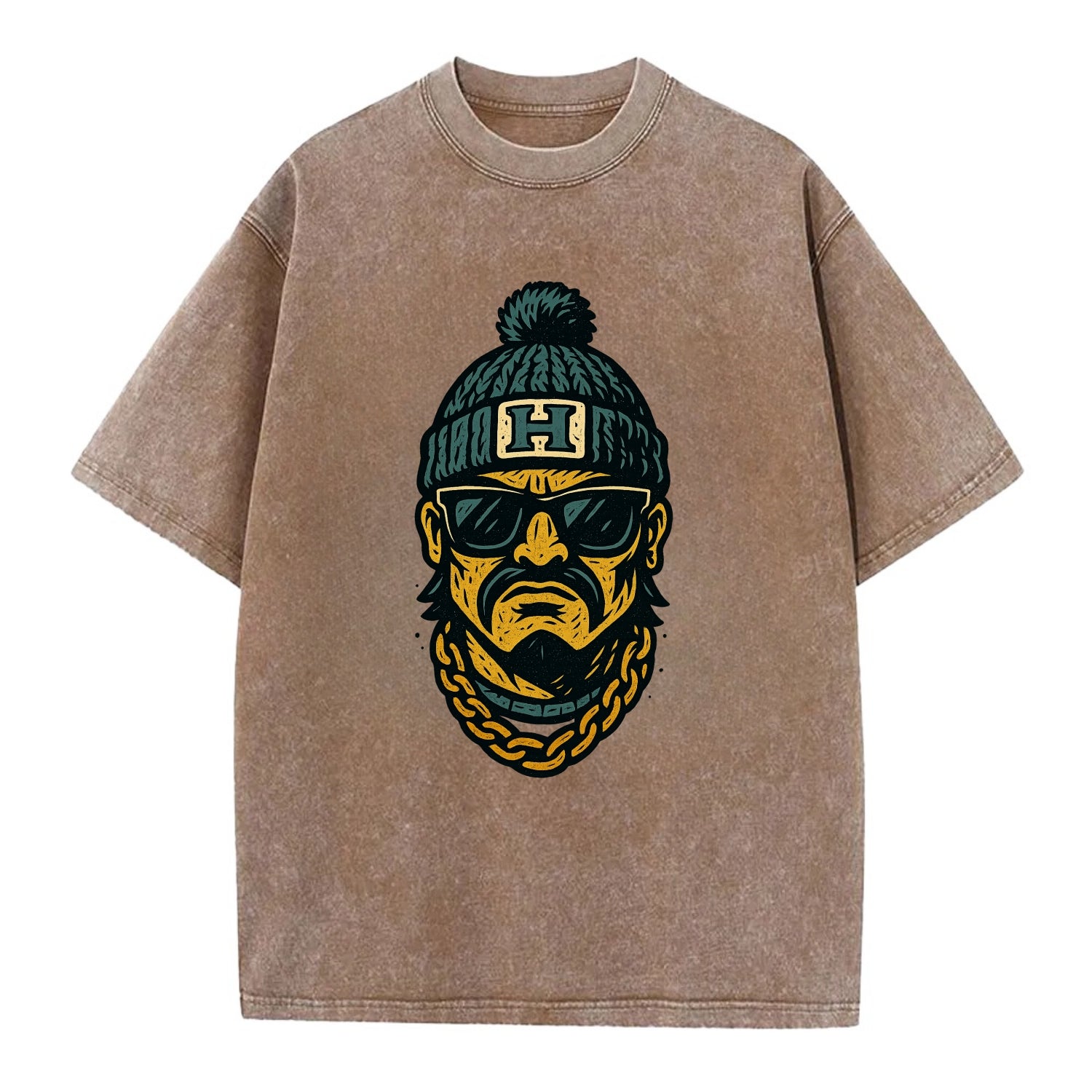 Honolulu Warrior wearing Hawaii beanie with H patch - Vintage T-shirt - Brown