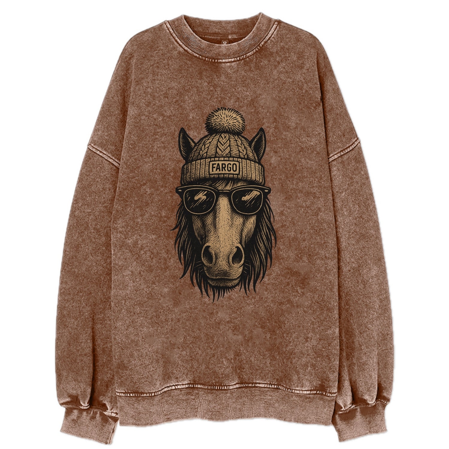 North Dakota Nokota Horse wearing Fargo beanie with pom pom and wayfarer - Vintage Sweatshirt - Brown