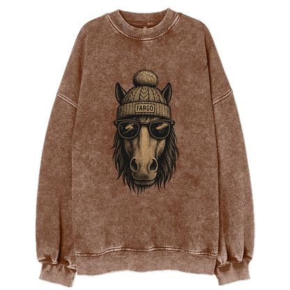 North Dakota Nokota Horse wearing Fargo beanie with pom pom and wayfarer - Vintage Sweatshirt - Brown