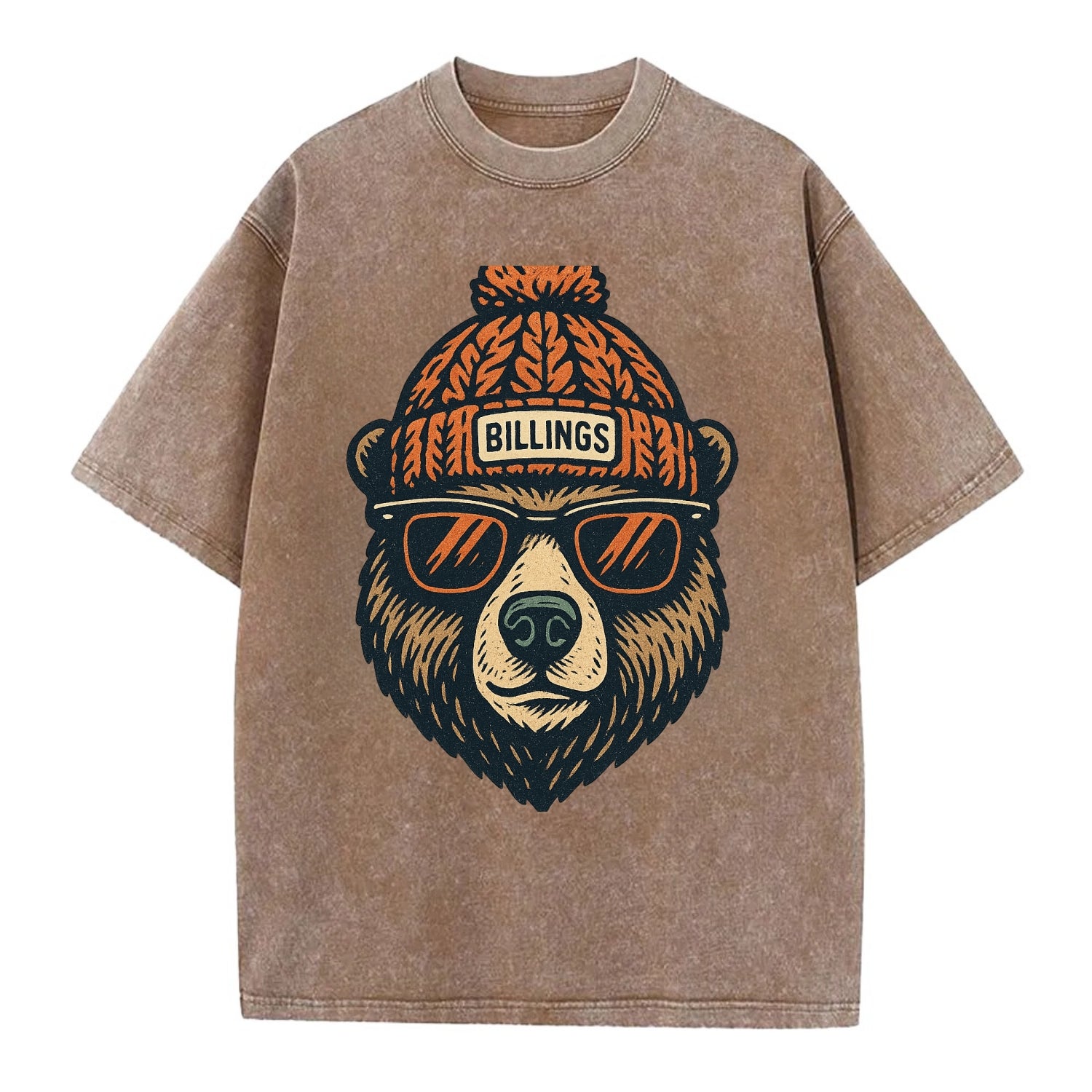 Montana Grizzly Bear wearing Billings beanie with pom pom and wayfarer sunglasses - Vintage T-shirt - Brown