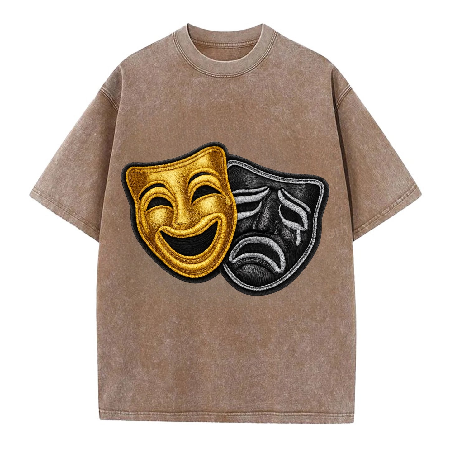 BROADWAY MASKS - comedy tragedy masks in gold and black , theater - Vintage T-shirt - Brown