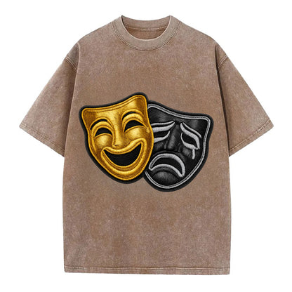 BROADWAY MASKS - comedy tragedy masks in gold and black , theater - Vintage T-shirt - Brown