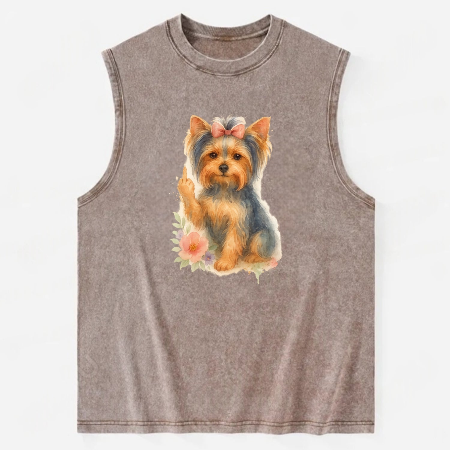 Yorkshire Terrier with topknot bow, one delicate paw flipping off - Vintage Washed Tank - Brown