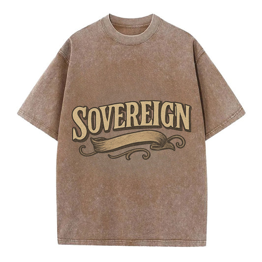 Bold typography design - "SOVEREIGN" - self-ruled, autonomous, in control - Vintage T-shirt - Brown