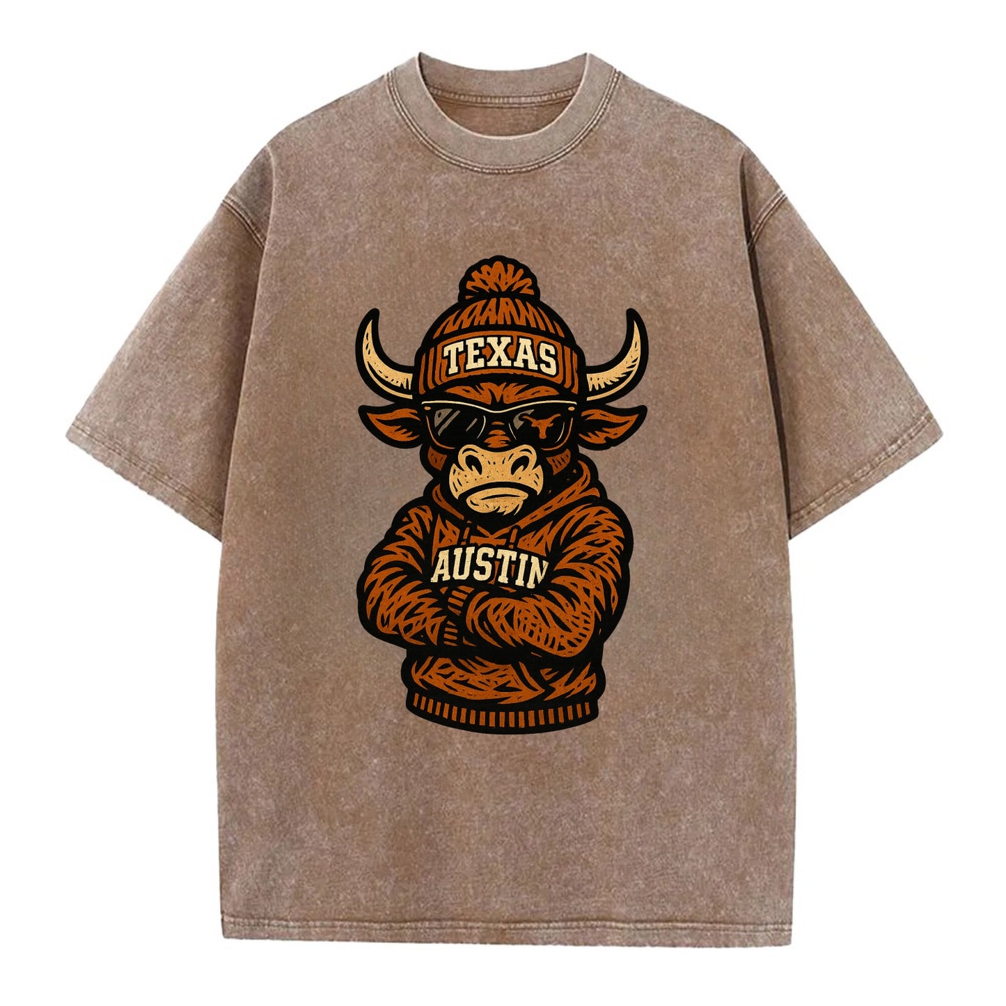 Austin Bevo wearing Texas beanie with longhorn patch - Vintage T-shirt - Brown