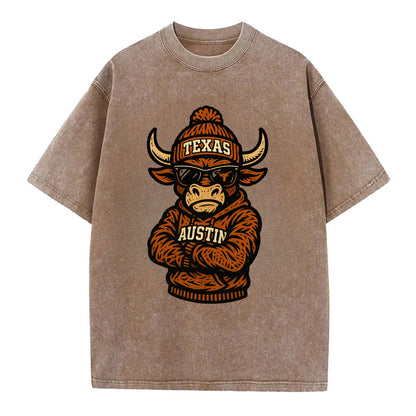 Austin Bevo wearing Texas beanie with longhorn patch - Vintage T-shirt - Brown