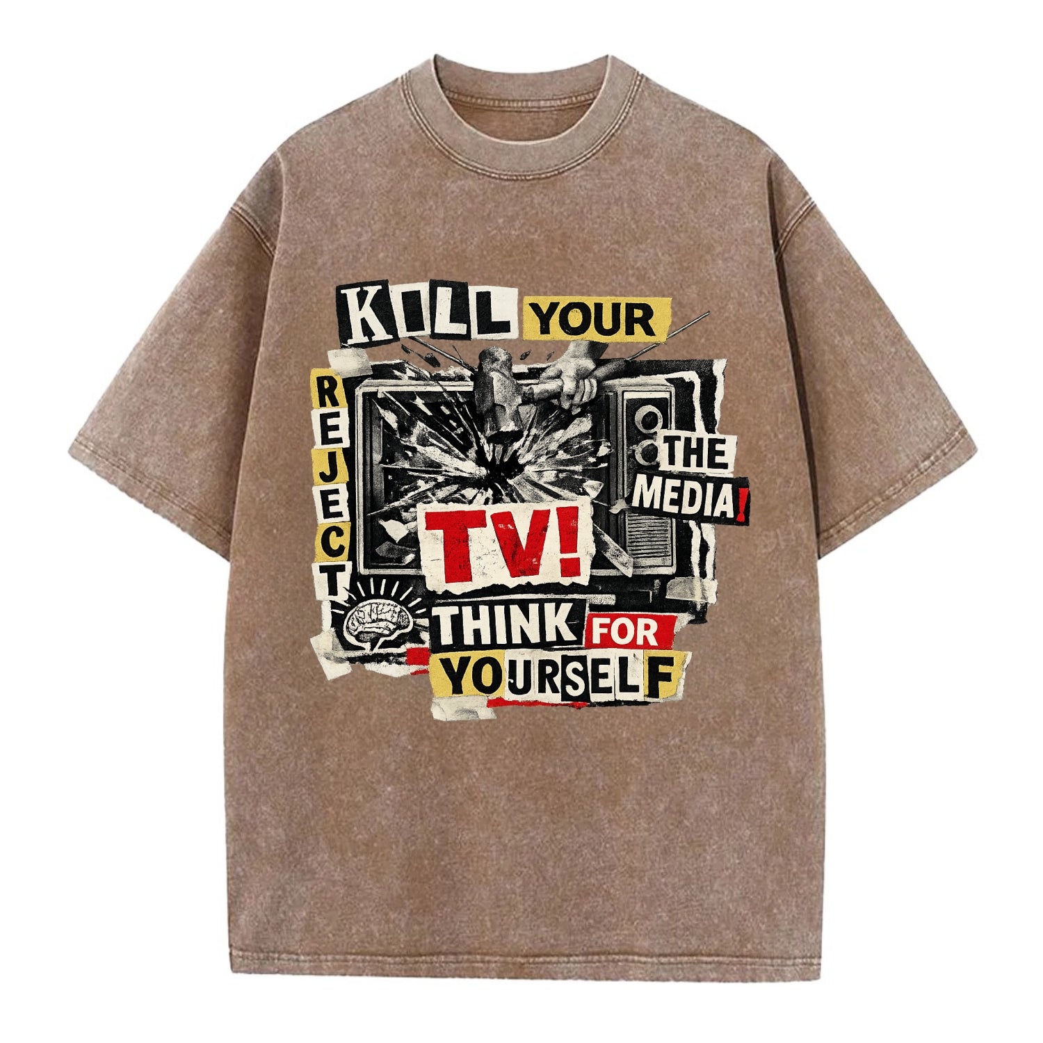 KILL YOUR TV | Smashed television | Reject media | Think for yourself | Analog - Vintage T-shirt - Brown