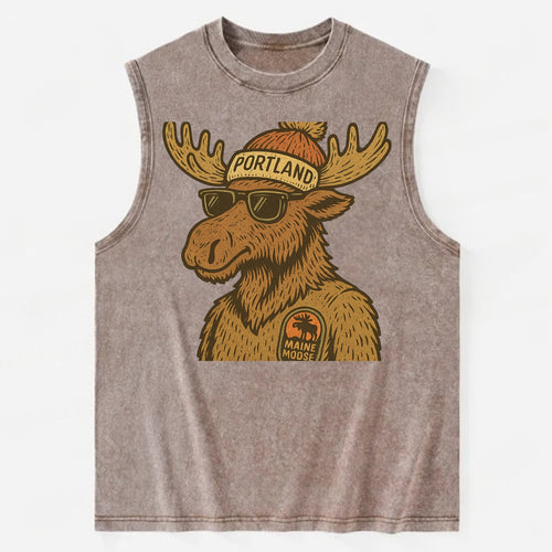 Maine Moose wearing Portland beanie with pom pom and wayfarer sunglasses - Vintage Washed Tank