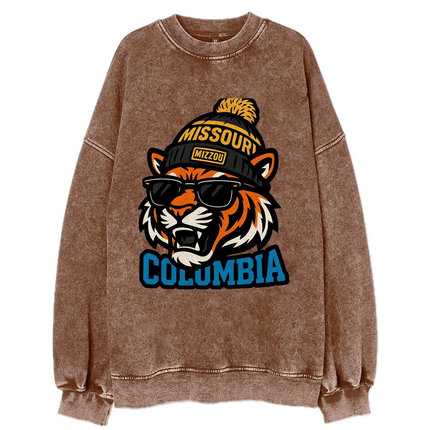 Columbia Tiger wearing Missouri beanie with Mizzou patch - Vintage Sweatshirt - Brown