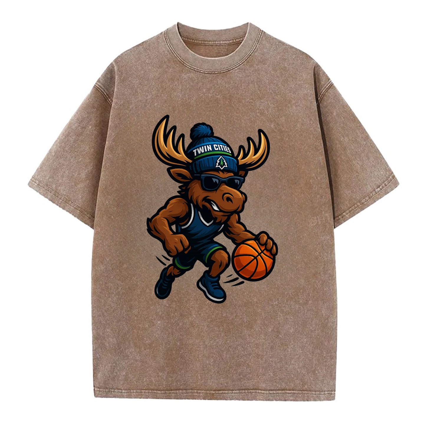 Twin Cities Moose wearing Timberwolves beanie with pine tree patch and wayfarer - Vintage T-shirt - Brown