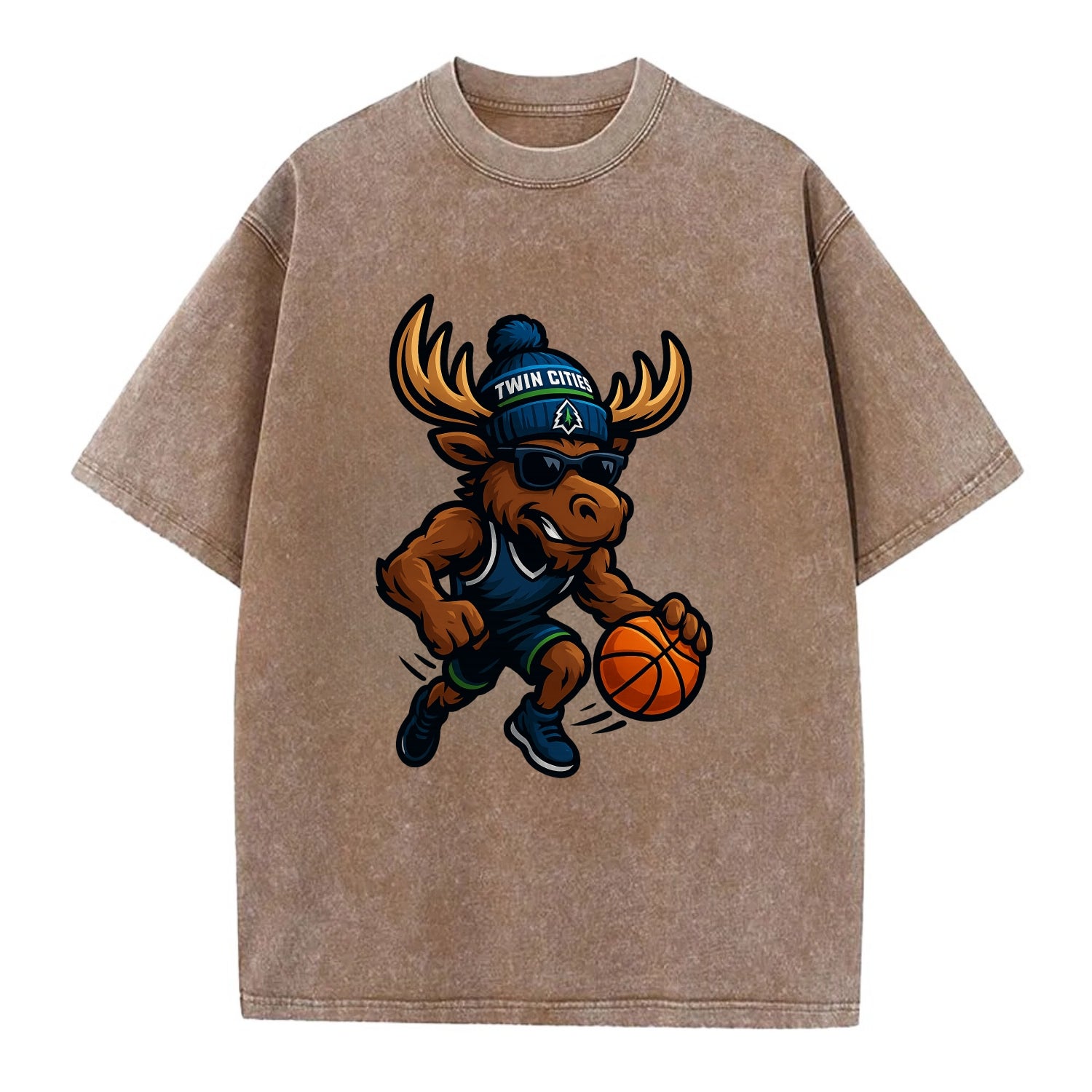 Twin Cities Moose wearing Timberwolves beanie with pine tree patch and wayfarer - Vintage T-shirt - Brown