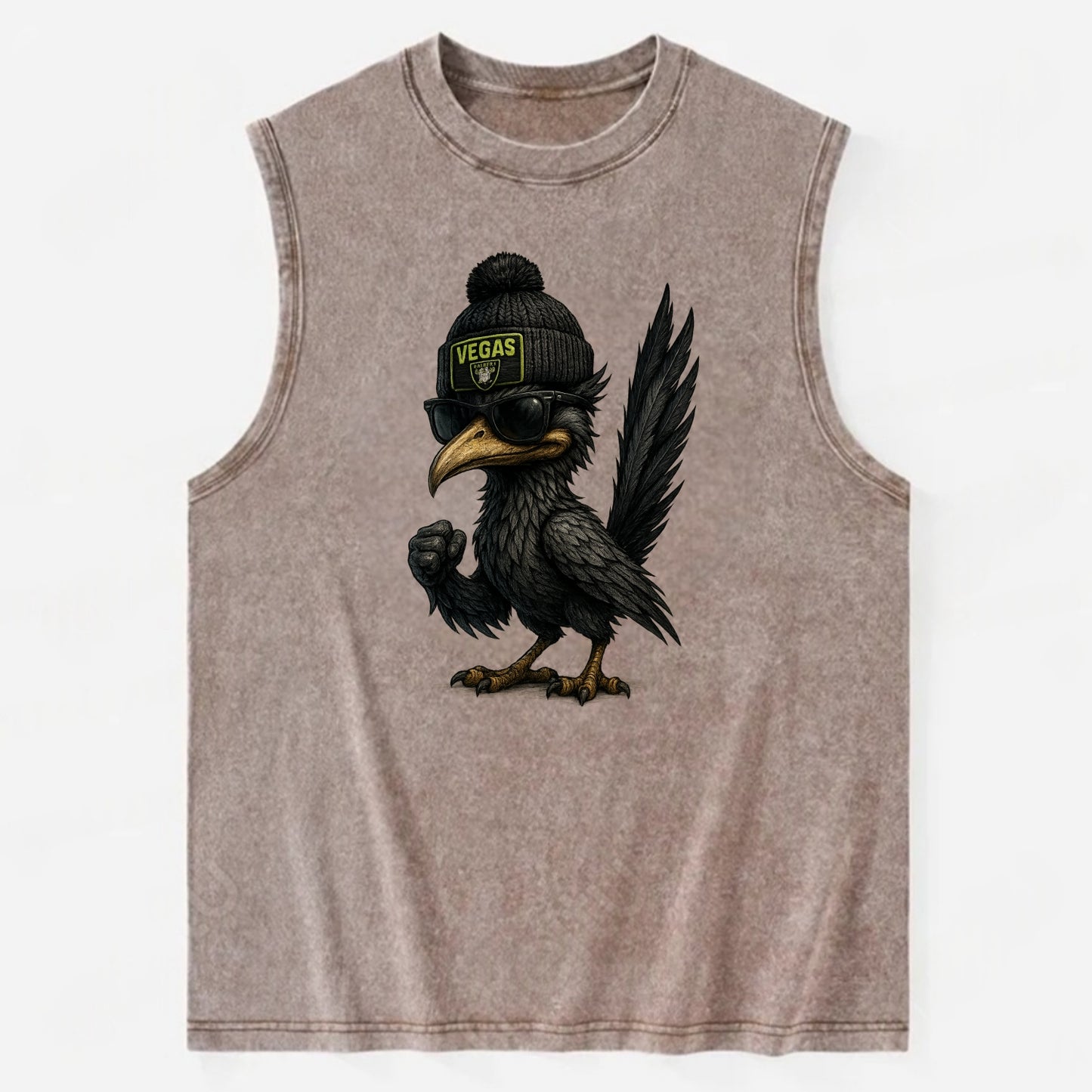 Vegas Roadrunner wearing Raiders beanie with neon patch and wayfarer - Vintage Washed Tank - Brown
