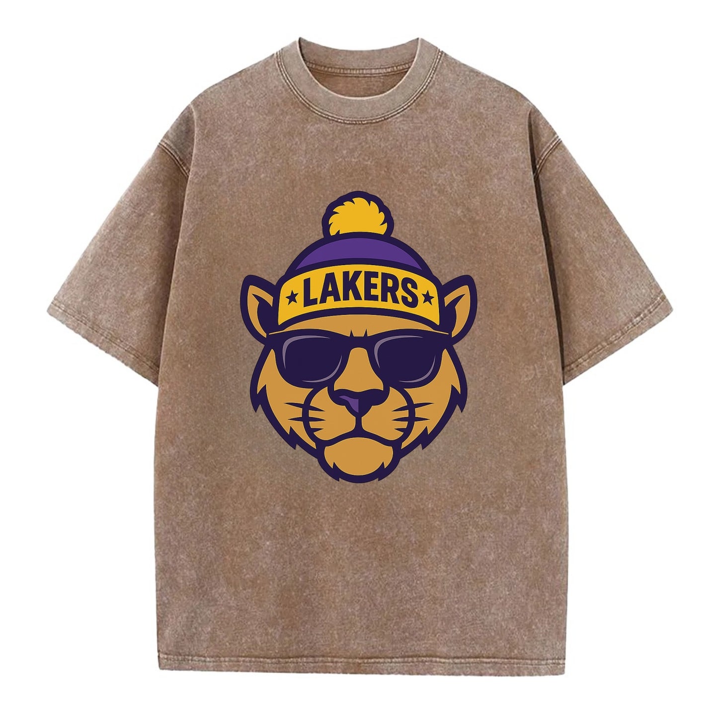 LA Mountain Lion wearing Lakers purple and gold beanie with championship stars - Vintage T-shirt - Brown