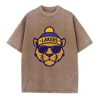 LA Mountain Lion wearing Lakers purple and gold beanie with championship stars - Vintage T-shirt - Brown
