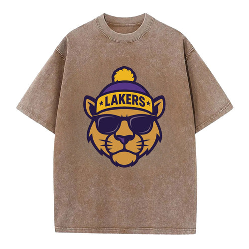 LA Mountain Lion wearing Lakers purple and gold beanie with championship stars - Vintage T-shirt