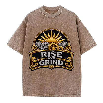 RISE AND GRIND - sun with gears in gold , morning motivation - Vintage T-shirt - Brown