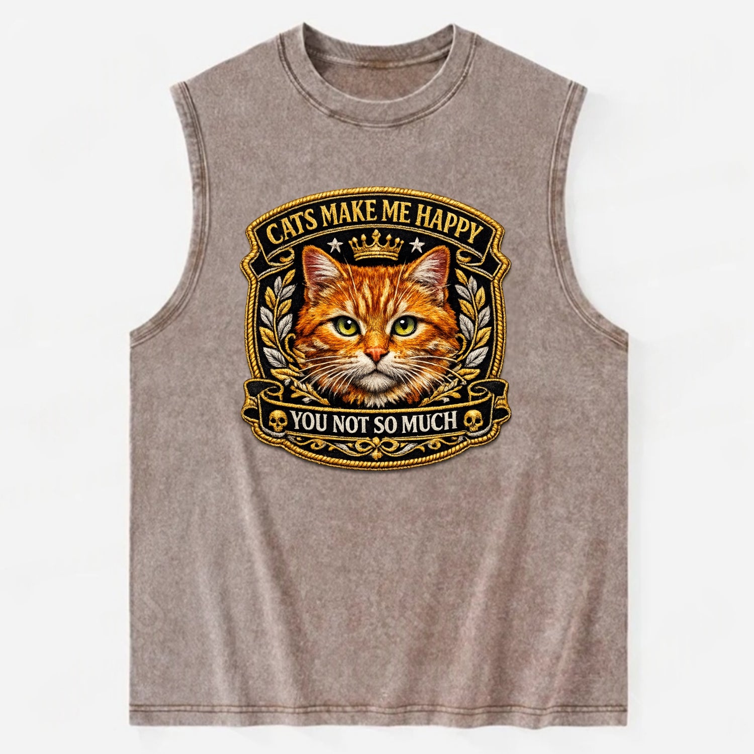 CATS MAKE ME HAPPY YOU NOT SO MUCH - cat face in orange , cat preference - Vintage Washed Tank - Brown