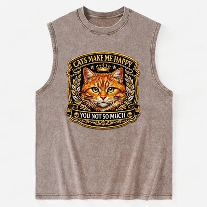 CATS MAKE ME HAPPY YOU NOT SO MUCH - cat face in orange , cat preference - Vintage Washed Tank - Brown