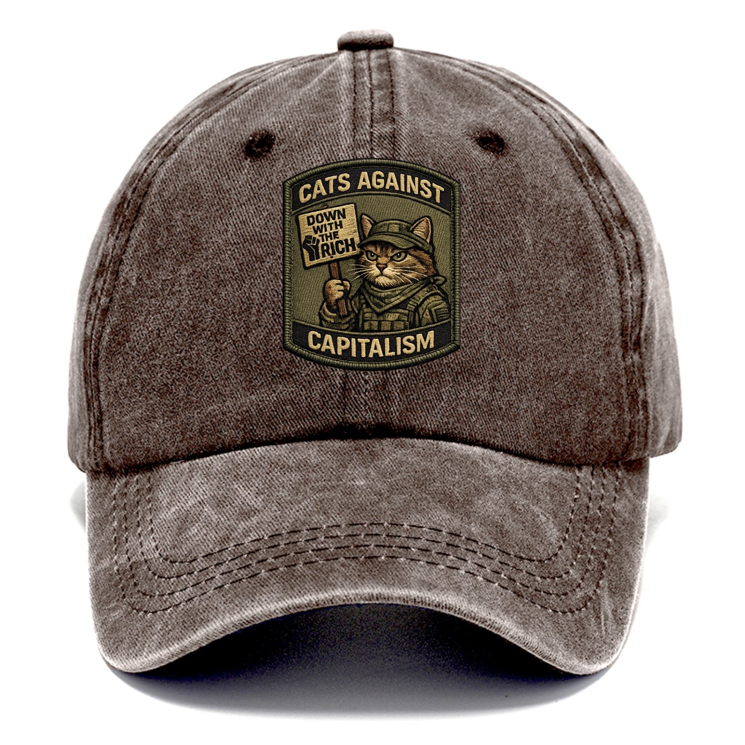 CATS AGAINST CAPITALISM - cat with protest sign in red , political cat - Classic Cap - Brown