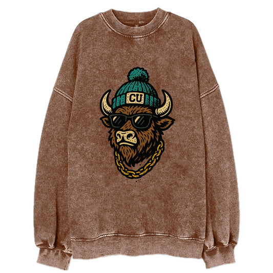 Boulder Ralphie wearing Colorado beanie with CU patch - Vintage Sweatshirt - Brown