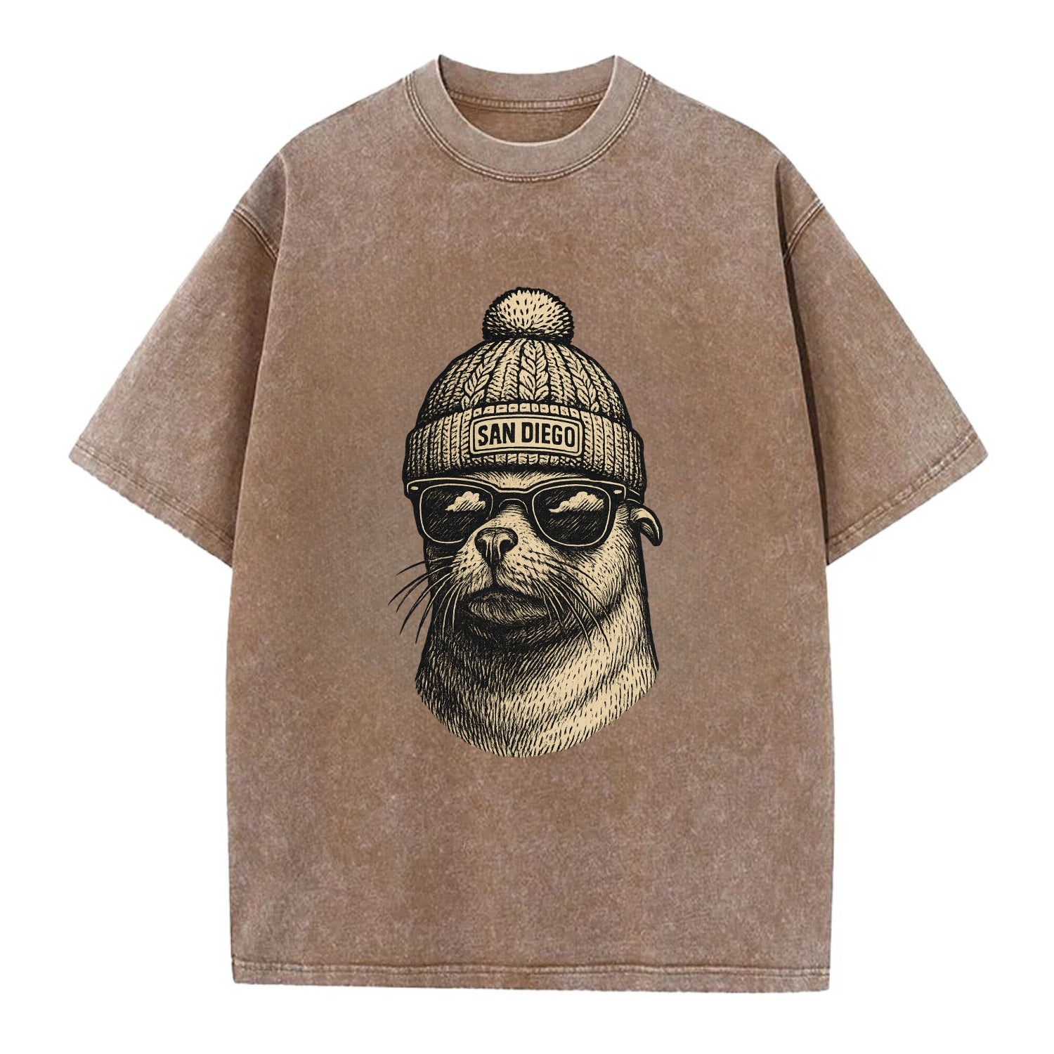 San Diego Sea Lion wearing San Diego beanie with pom pom and wayfarer sunglasses - Vintage T-shirt - Brown