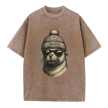 San Diego Sea Lion wearing San Diego beanie with pom pom and wayfarer sunglasses - Vintage T-shirt - Brown