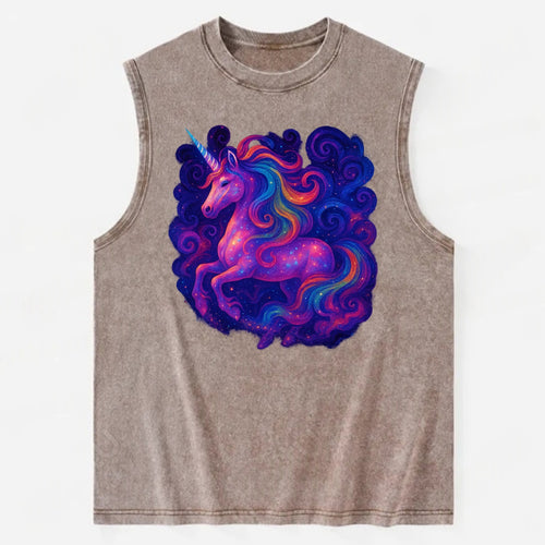 Magical unicorn with flowing rainbow gradient mane, iridescent horn with - Vintage Washed Tank