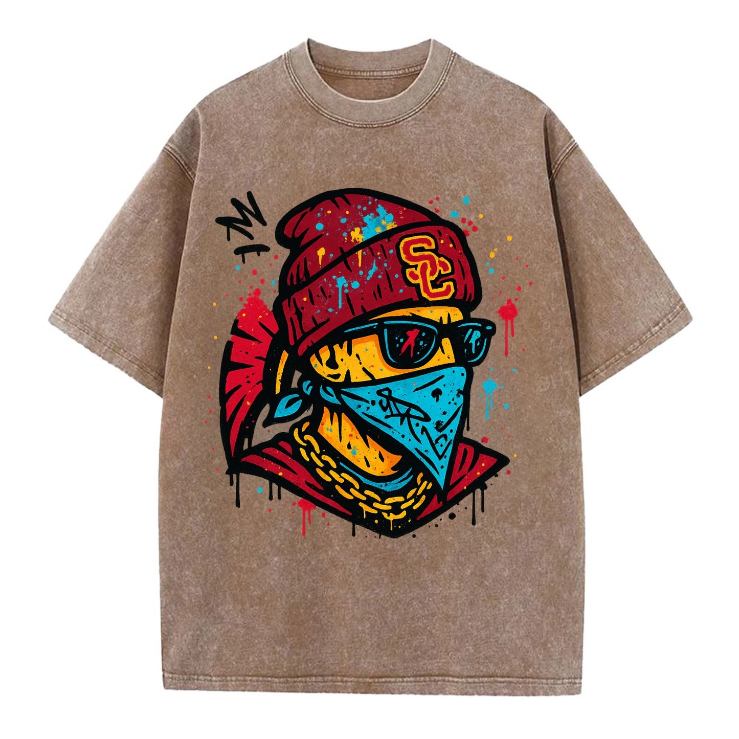 Los Angeles Trojan wearing USC beanie with SC patch - Vintage T-shirt - Brown