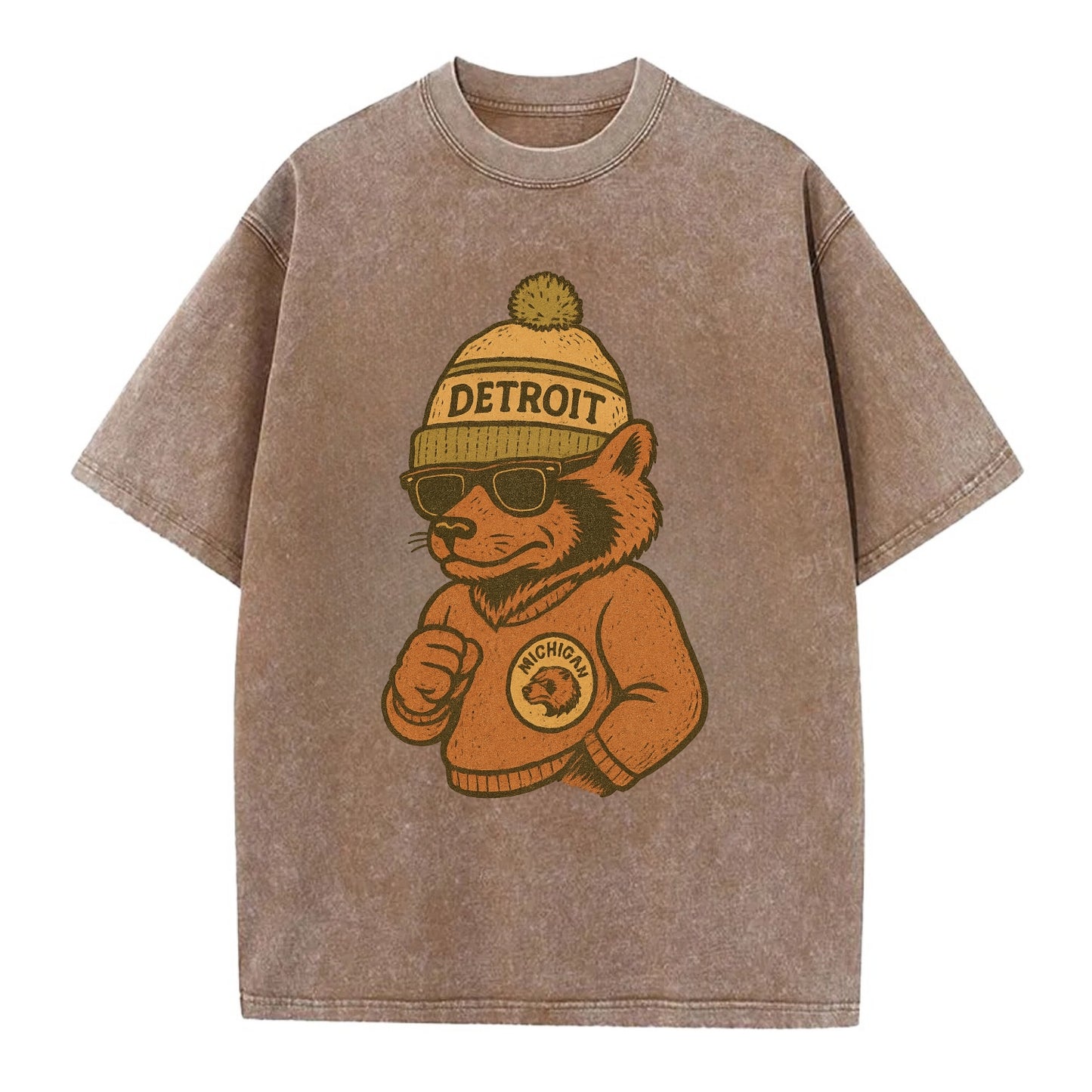 Michigan Wolverine wearing Detroit beanie with pom pom and wayfarer sunglasses - Vintage T-shirt - Brown