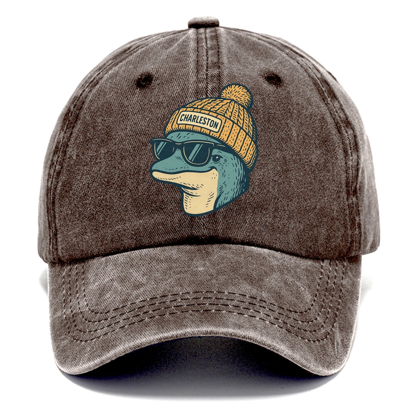 Charleston Dolphin wearing Charleston beanie with pom pom and wayfarer sunglasses - Classic Cap - Brown