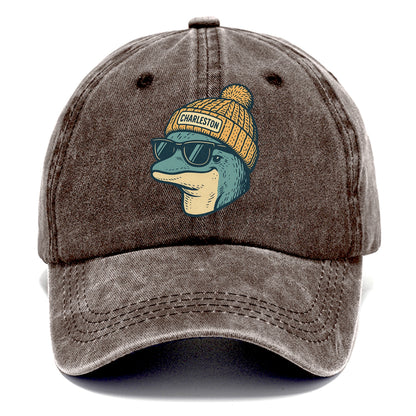 Charleston Dolphin wearing Charleston beanie with pom pom and wayfarer sunglasses - Classic Cap - Brown