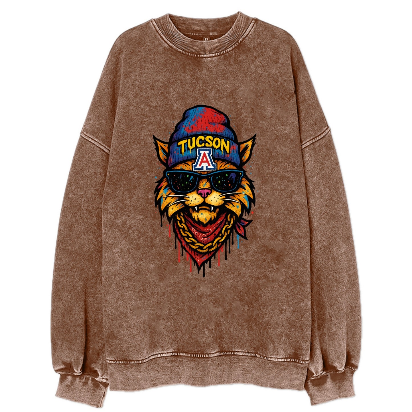 Tucson Wildcat wearing Arizona beanie with A patch - Vintage Sweatshirt - Brown