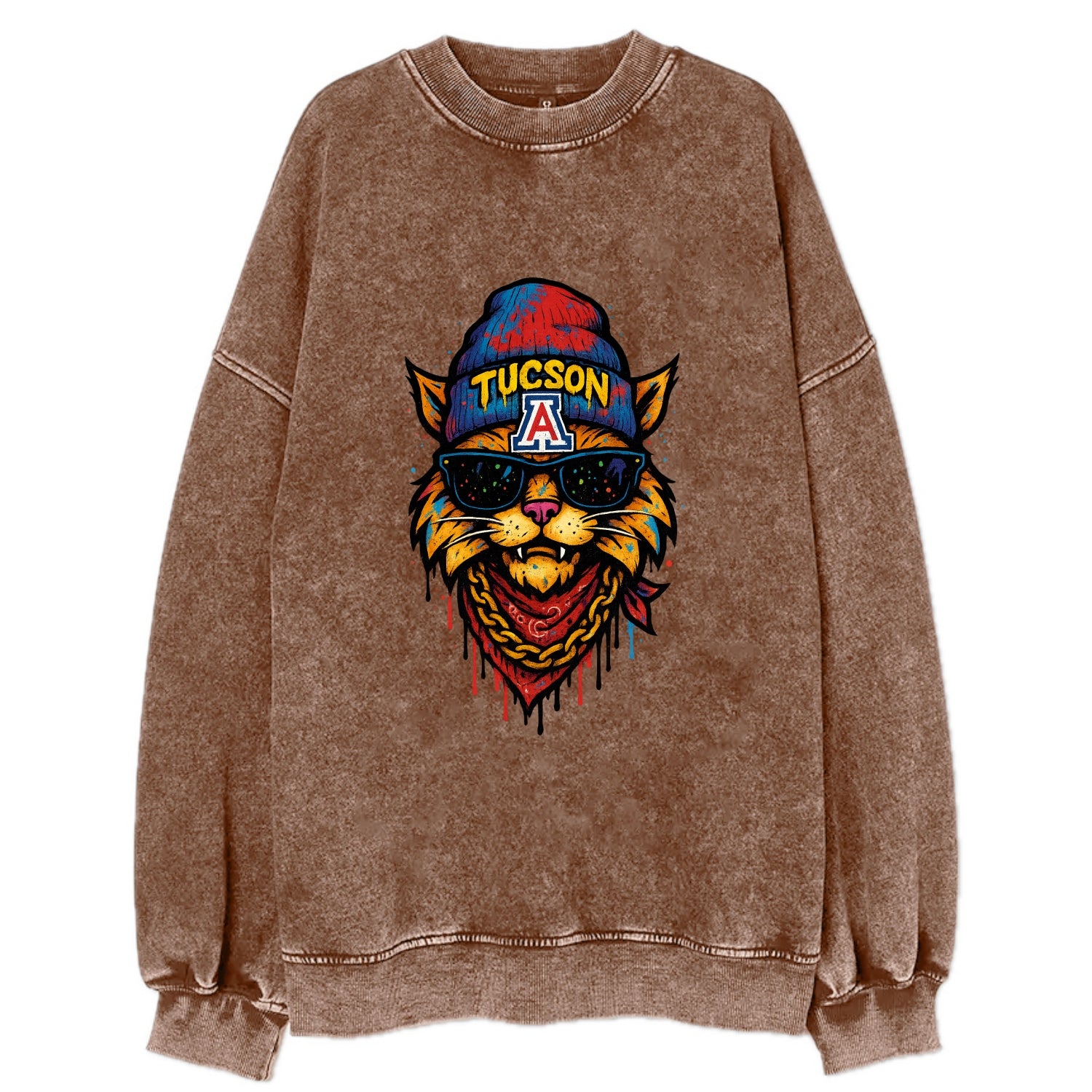 Tucson Wildcat wearing Arizona beanie with A patch - Vintage Sweatshirt - Brown