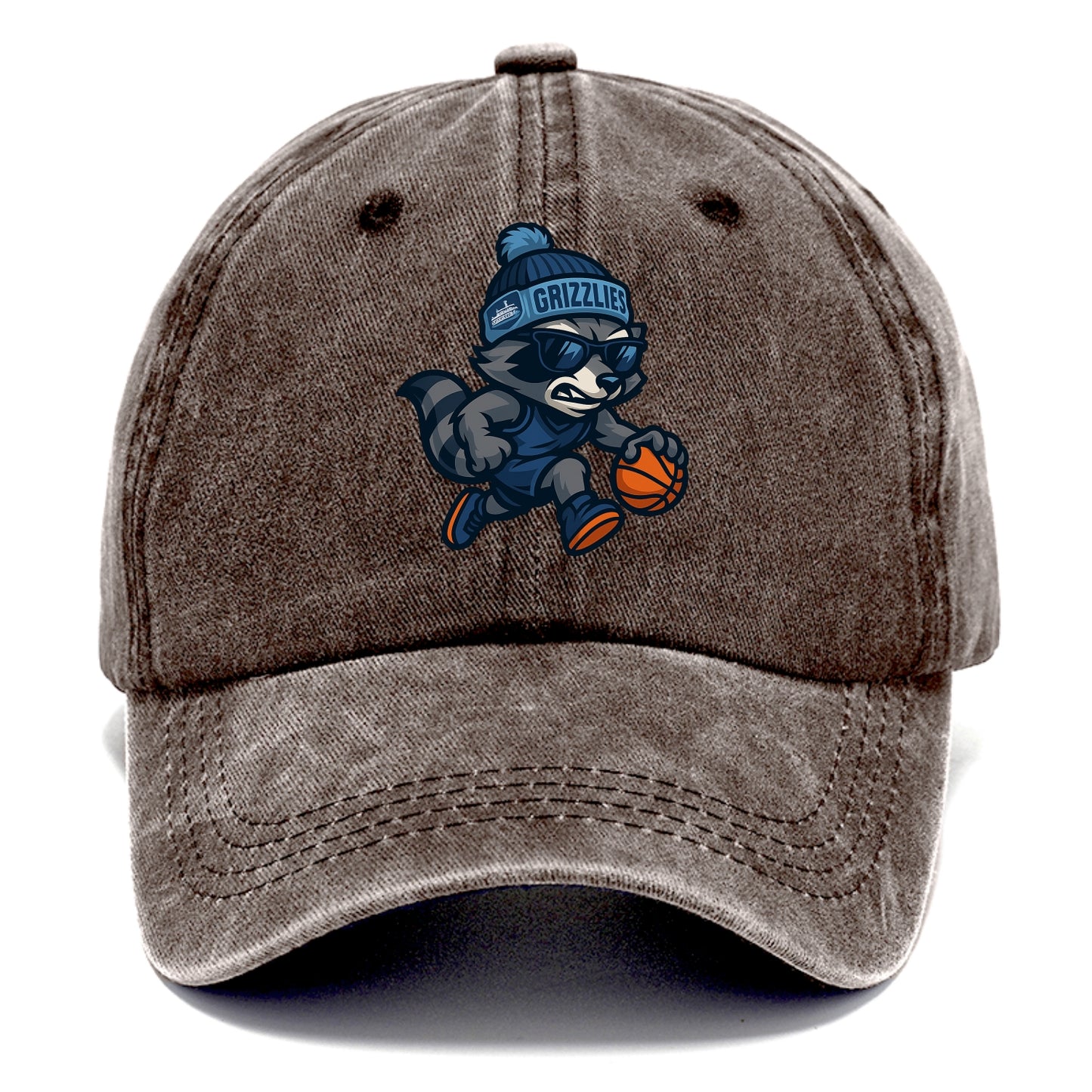 Memphis Raccoon wearing Grizzlies beanie with riverboat patch and wayfarer sunglasses - Classic Cap - Brown