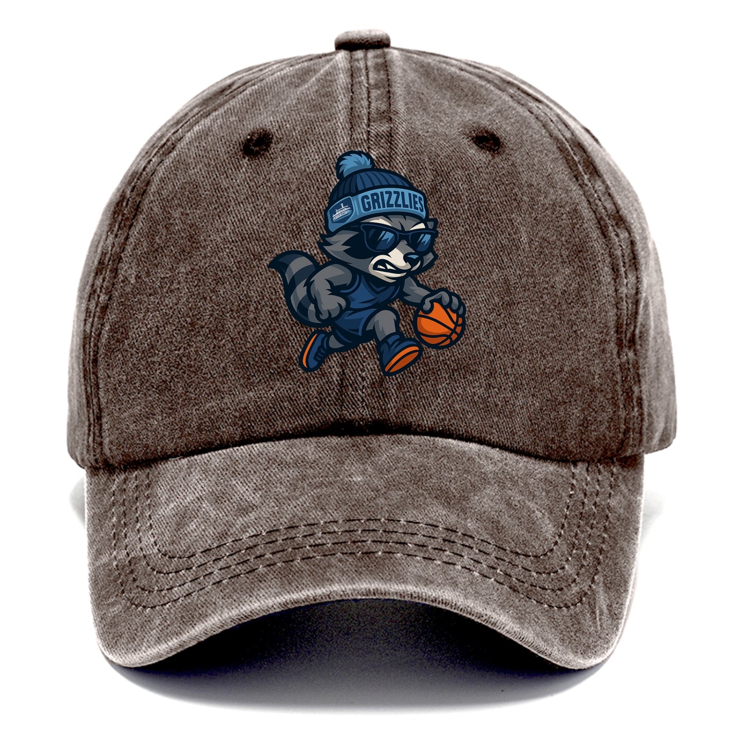 Memphis Raccoon wearing Grizzlies beanie with riverboat patch and wayfarer sunglasses - Classic Cap - Brown