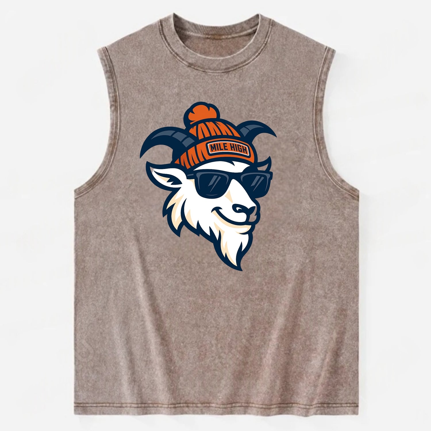 Denver Mountain Goat wearing Broncos beanie with Mile High patch and wayfarer - Vintage Washed Tank - Brown