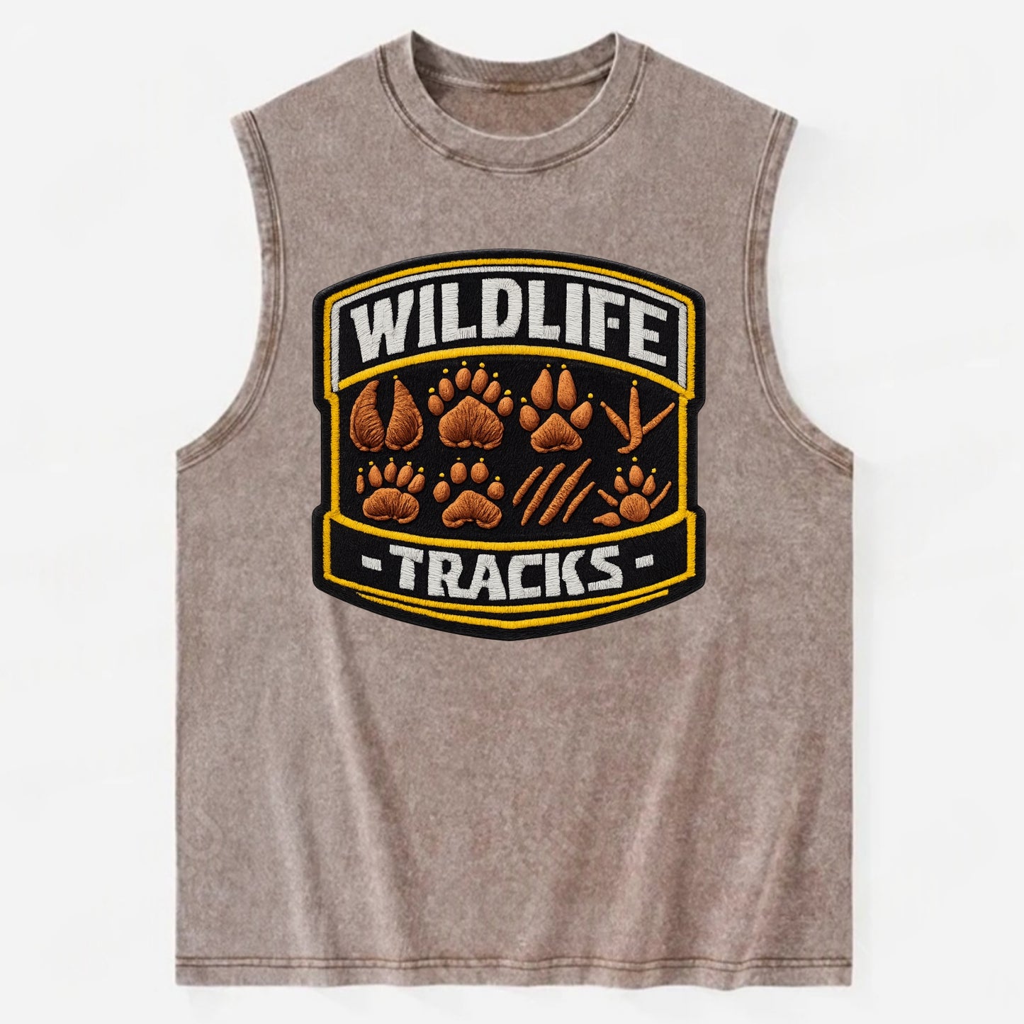 WILDLIFE TRACKS - animal footprints in brown , tracker - Vintage Washed Tank - Brown