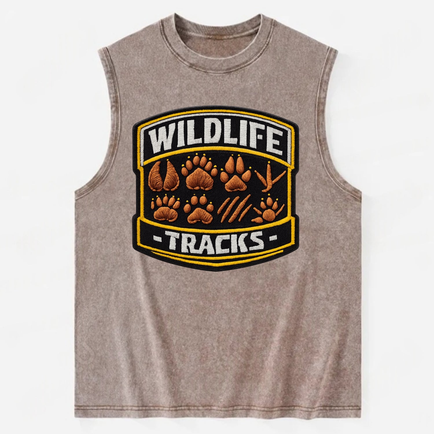 WILDLIFE TRACKS - animal footprints in brown , tracker - Vintage Washed Tank - Brown