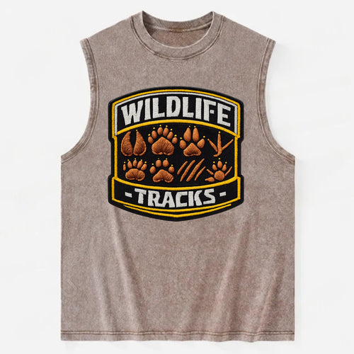 WILDLIFE TRACKS - animal footprints in brown , tracker - Vintage Washed Tank