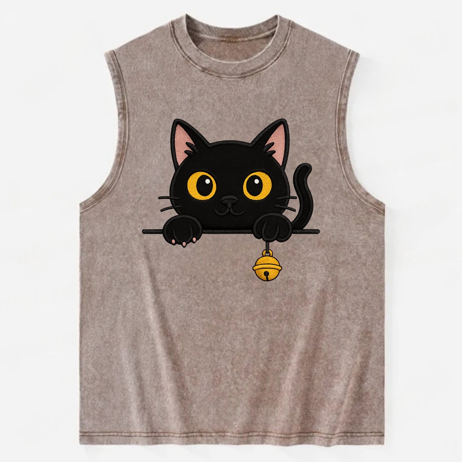 Midnight the black cat leaning sideways with chin resting on left paw. - Vintage Washed Tank - Brown